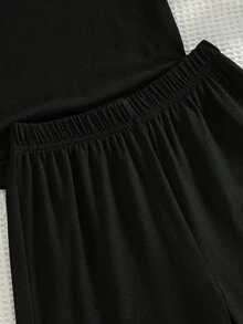 SHEIN 6-7岁女孩67岁生日礼物推荐，粉色数字67和星星印花黑色休闲短袖圆领T恤和短裤两件套，趣味创意6/7岁生日礼物 - 黑色 - 查看 4