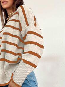 Casual Contrast Color Striped Loose Fit Sweater, Autumn - Orange - View 3