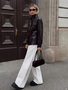 Ontre 2025秋冬女式夹克，PU皮革材质，商务休闲复古百搭款，收腰设计，宽松版型，棕色，都市简约通勤风 - 鏽棕色 - 查看 4