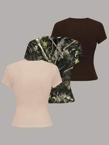 SHEIN LUNE 3 chiếc áo thun ngắn tay nữ mùa hè, kiểu dáng thường ngày/đi làm, màu trơn và in hình cây. - Nhiều màu - Xem 2