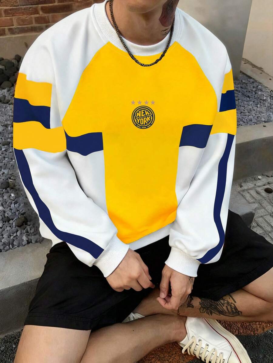 Manfinity Campus Court 美学帖——男士插肩袖运动休闲撞色套头卫衣,男士运动服,运动套装,短款学院风,宽松 - 彩色 - 查看 1