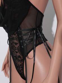 Classic, Mysterious, Fashionable, Elegant, Mature, Heart Lace Patchwork Mesh Turtleneck Tied Sides Bodysuit + 1 Pair Thigh High Socks, Women's Sexy 3-Piece Bodysuit Set - Black - View 5