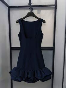 INAWLY Women's Fashionable Sexy Solid Color Ruffle Hem Backless Dress, Summer - Navy Blue - View 2