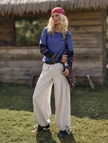 Quần ống rộng có dây rút thời trang thường ngày - Màu be - Xem 4