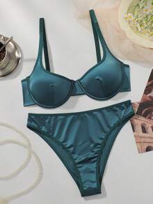 2pcs Women Solid Color Minimalist Casual Bra Set With Underwire - Teal Blue - View 6