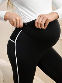 SHEIN Leggings sin costuras de cintura alta con ribete de contraste para maternidad - Negro - Ver 3