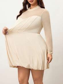 Hourglow Plus Size Women's Solid Color Round Neck Long Sleeve Mesh Fashion Dress/Autumn /Winter - Apricot - View 4