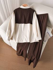 CosyJoli Set di camicia, scialle e pantaloni casual di protezione solare per taglie comode - Caffè Marrone - Visualizzare 2