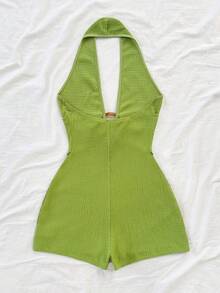 Soleia 女士白色纹理针织露背连体裤，饰有圆形圆环，优雅性感，适合万圣节、圣诞节、度假等场合。 - 綠色 - 查看 2