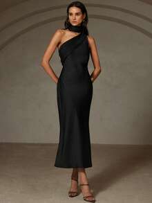 Aveloria Revavyn Elegant Commute & Vacation Asymmetric Satin Dress - Black - View 4