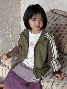 DAZY Chaqueta de manga larga con cuello vuelto y bloques de color para niñas, otoño y primavera - Verde militar - Ver 3