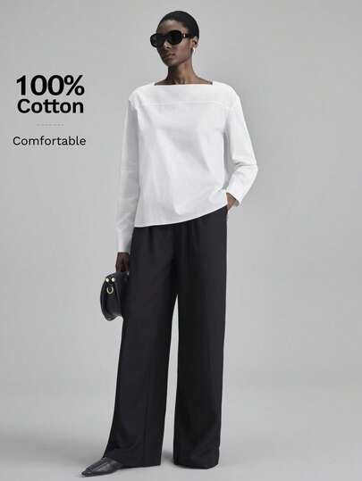 Ontre 2026春夏款女士白色长袖宽松优雅简约上衣，休闲度假装