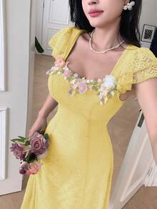 Modelyn Vestido de Verão Sem Mangas com Recortes de Renda e Decoração Floral para Mulheres - Amarelo - Visão 4