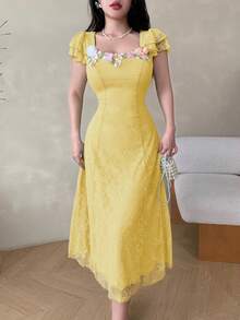 Modelyn Vestido de Verão Sem Mangas com Recortes de Renda e Decoração Floral para Mulheres - Amarelo - Visão 5