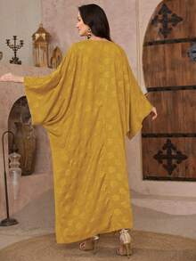 Al Najma Vestido feminino tradicional árabe com estampa floral, decote em V, manga morcego, modelagem solta, ideal para férias e viagens. - Amarelo - Ver 2