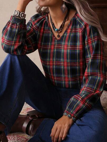 LanaWest Women's Loose Casual V-Neck Plaid Long Sleeve Shirt Blouse, Western Style Shirt, Suitable For Daily Life, Autumn