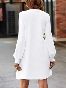SHEIN New Style Black V-Neck Lantern Sleeve Casual Dress, Autumn - White - View 2