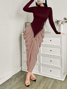 Modelyn Women's Extra Long Knit Patchwork Elegant Curve-Hugging Bodycon Dress Burgundy Outfit Women Maroon Outfits For Women Two Piece Women Sets Skirt Modest Two Piece Set Long Sleeve Elegant Dress