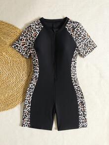 SHEIN Tween Girls Leisure Vacation Swim Summer Beach Black Patchwork Leopard Print Zipper One Piece Swimsuit, Summer Beach