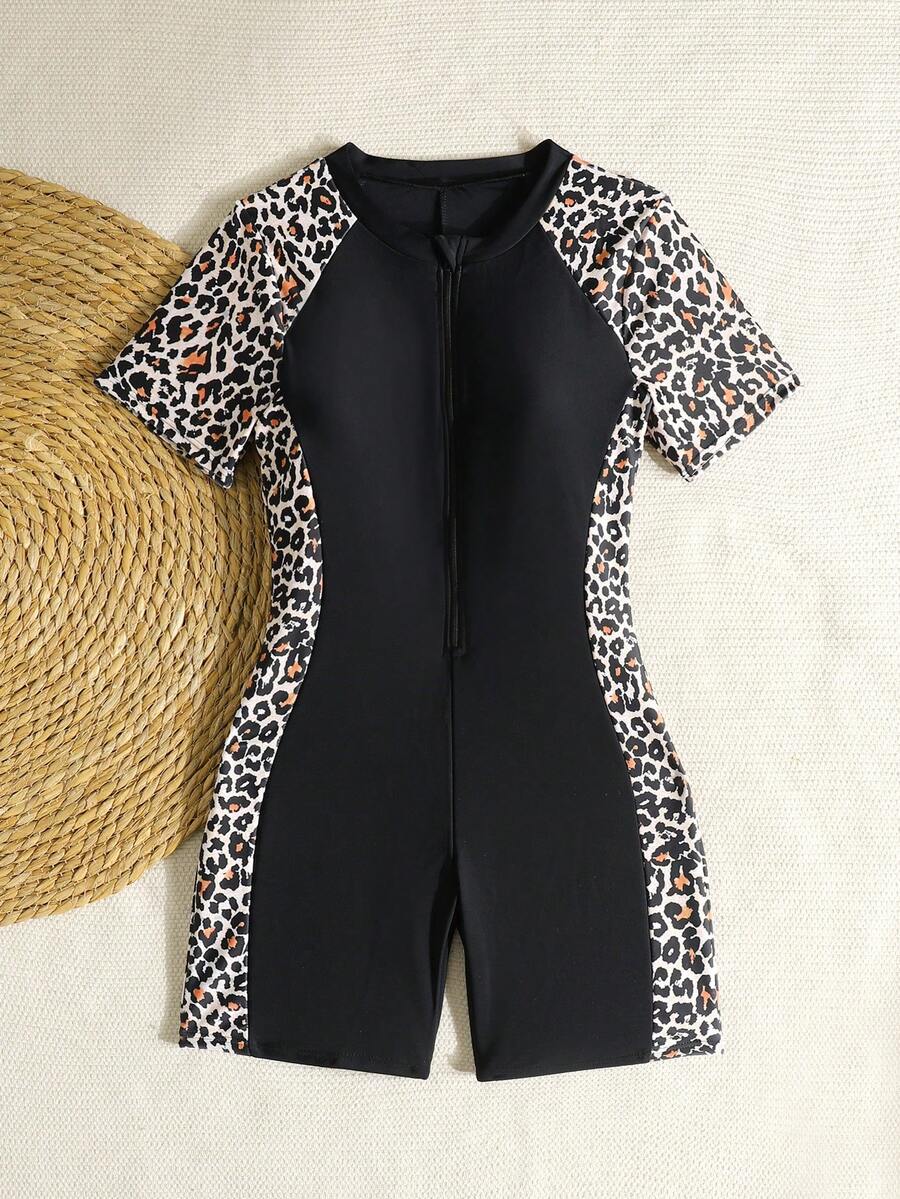 SHEIN Tween Girls Leisure Vacation Swim Summer Beach Black Patchwork Leopard Print Zipper One Piece Swimsuit,Perfect For Swimwear - Black - View 1