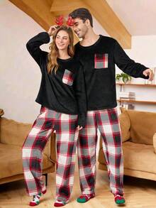 SHEIN 男士法兰绒格子印花舒适家居服套装，圣诞节，蓬松冬季服装 - 黑色 - 查看 6