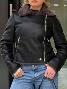 Bethéva Women's Black PU Leather Composite Faux Rabbit Fur Collar Jacket - Black - View 3