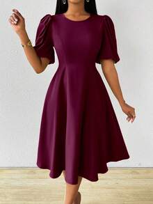 Lyxana Women Long Puff Sleeve Cinched Waist Green Dress Spring Summer Maxi Women Outfit - Burgundy - View 6
