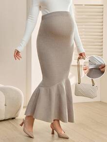 SHEIN Maternity Solid Color Adjustable Waist Elegant Mermaid Hem Knit Midi Skirt