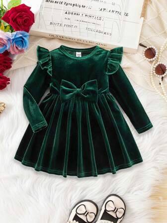 Elegant Velvet Green Long Sleeve Dress For Baby Girl Fall Winter Cute Versatile Casual Elegant Lady Velvet Green Long-Sleeved Ruffled Baby Girl Autumn And Winter Dress, Versatile Autumn And Winter Warm Fashion, Cutting-Edge Fashion Design Can Be Worn Indoors And Outdoors, Care For Baby's Skin, Mother's Shopping First Choice Suitable For Indoor, Outdoor, Daily, Sports, Play, Party, Photo, Vacation, Festival