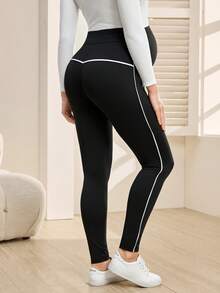 SHEIN Leggings sin costuras de cintura alta con ribete de contraste para maternidad - Negro - Ver 2
