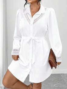 Elenzga Đầm dài tay cỡ lớn dành cho nữ, thiết kế phối ren, kèm thắt lưng vải, kiểu dáng tối giản và thời trang, phù hợp cho công sở và mặc hàng ngày. - trắng - Xem 1