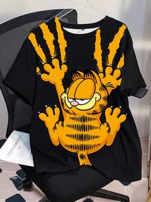 GARFIELD | SHEIN Áo thun nữ cỡ lớn in hình mèo hoạt hình, cổ tròn, tay ngắn, màu đen, kiểu dáng thường ngày, thích hợp mặc mùa hè, phong cách châu Âu, dễ thương. - màu đen - Xem 6