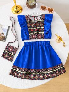 SHEIN 2pcs/Set Baby Girls' Blue Summer Outfit,Cute Middle Eastern Style Floral Print Top Ruffled Collar & Skirt With Shoulder Accessory,Boho Vacation Dress - Blue - View 4