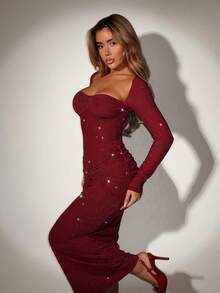 SHEIN ICON 女士纯色甜心领修身优雅长袖连衣裙 - 紅色 - 查看 5