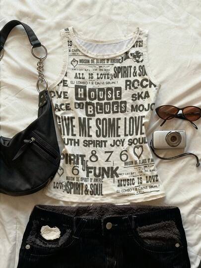 Glimmora Y2K朋克风标语字母印花露脐背心，女款圆领背心，适合日常街头聚会