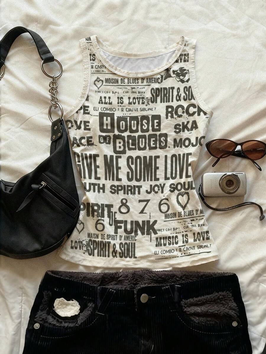 Glimmora Y2K朋克风标语字母印花露脐背心，女款圆领背心，适合日常街头聚会 - 彩色 - 查看 1