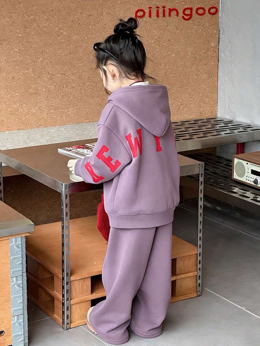 2件套少女休闲舒适圆领长袖上衣和裤子套装 - 淡紫色 - 查看 1