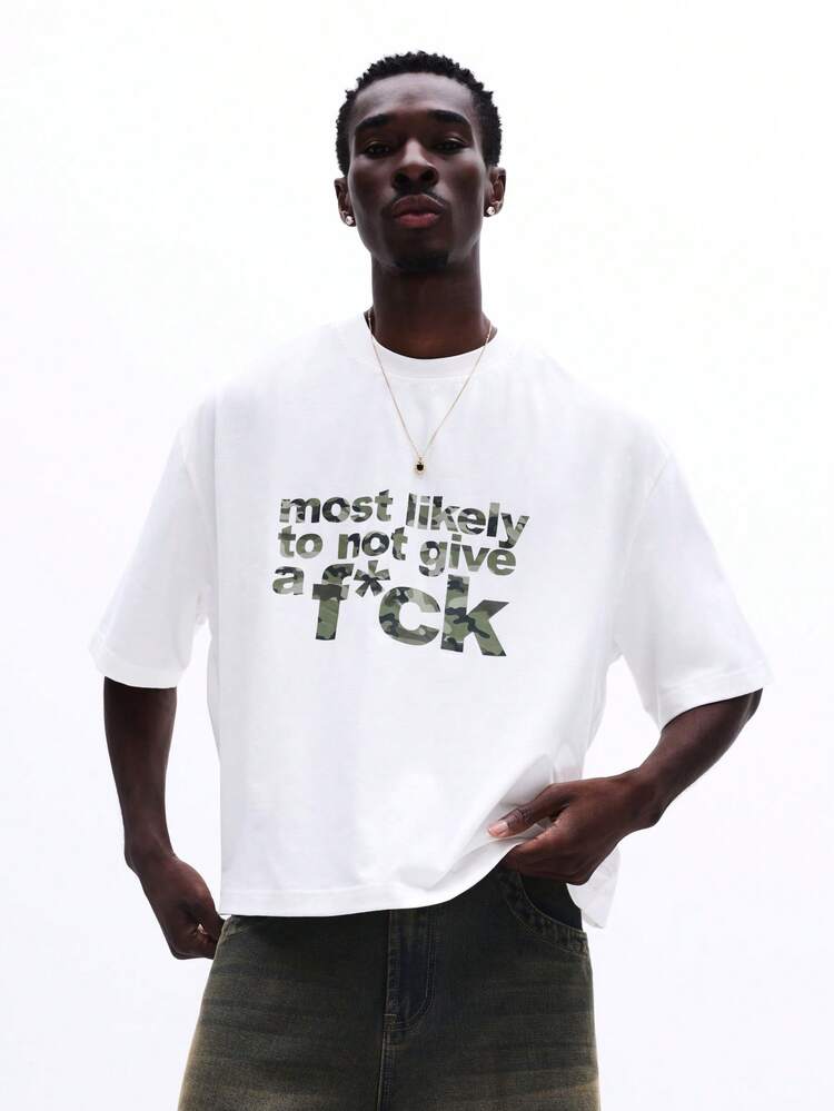 Boxy Fit Printed T-Shirt With Camouflage Text