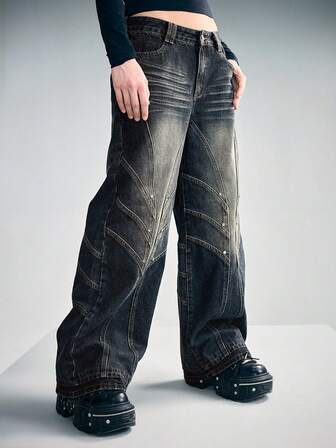 Grunge Punk Jeans holgados con decoración de remaches desconstructivos, estilo chic de streetwear Y2K para mujeres