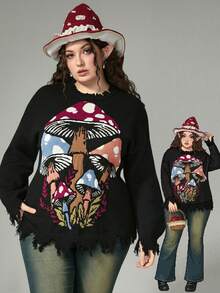 ROMWE Fairycore Plus Size Mushroom Pattern Jacquard Distressed Hem Loose Pullover Sweater For Plus Size Women - Black - View 8