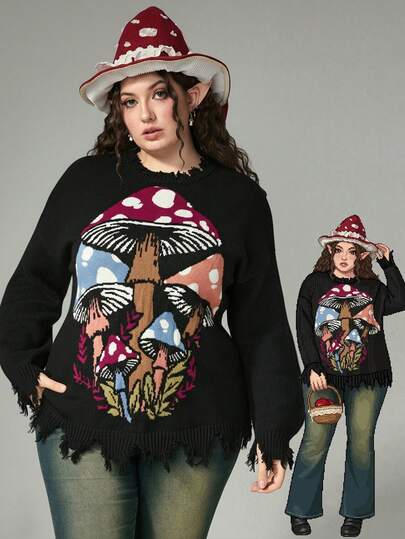 Fairycore Plus Size Mushroom Pattern Jacquard Distressed Hem Loose Pullover Sweater For Plus Size Women