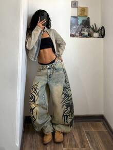 StreetHx Fashionable Casual Street Style Retro Print Wide Leg Jeans - Medium Wash - View 6