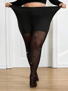 SHEIN CURVE+ 加大码黑色透视性感紧身裤/打底裤，适合派对、生日、约会、优雅办公室性感女郎、JK风格、闪光网纱透视情人节下装 - 黑色 - 查看 9