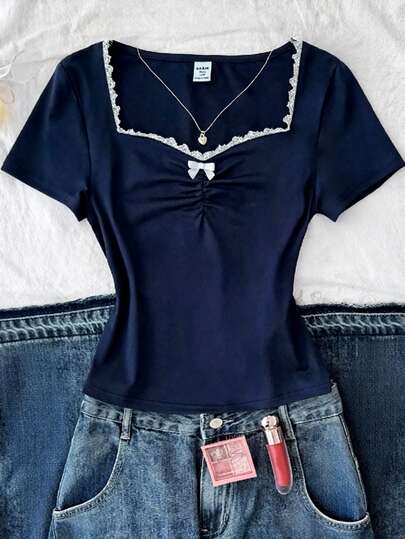 SHEIN 少女藏蓝色针织褶皱胸前蕾丝蝴蝶结装饰甜美可爱复古修身长袖休闲T恤