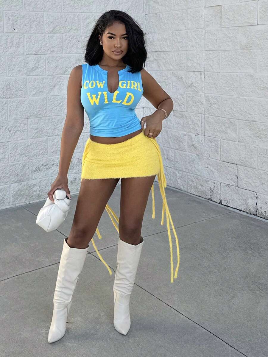 Alexandranx 2025 夏季新款波西米亚伊比萨风格女装、音乐节、西部风、游牧风、派对装、性感泳池度假邮轮旅行海滩阳光病毒式时尚单品、甜美性感红色钩针流苏迷你裙（可搭配）秋冬 - 黃色 - 查看 1