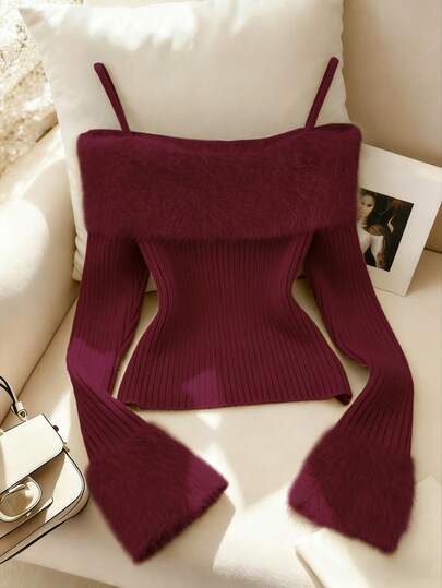 Franclia New Vintage Sexy Chic High-End Furry Collar Off Shoulder Women Sweater Pullover, Autumn/Winter