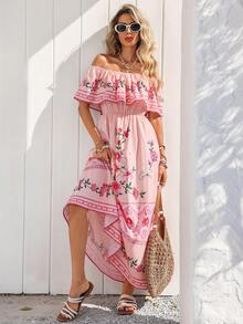 Vivid Eden Spring/Summer Holiday Dresses, Casual Off-The-Shoulder Ruffled A-Line Bohemian Style Printed Dresses, Summer Beach Dresses, Back-To-School Outfits, Very Simple Outfits, Women's Country Style Clothing, Office Wear, Old-Fashioned Style, Teacher's Outfits, Date Outfits, Graduation Season Casual Dresses For Spring And Summer. - Multicolor - View 6