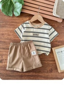 2-Pack Babyboy Summer Cute Striped Cartoon Bear Pattern Short-Sleeve T-Shirt Set With Elastic Waist And Khaki Shorts Casual Daily Wear Summer Boy Striped Short Sleeve Shirt Toddler Boy Shorts Toddler Summer Set Baby Boy Summer Outfit - Khaki - View 4