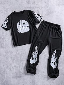 Coolqubz 2pcs/Set Tween Boys Black T-Shirt And Pants Outfit,Soft Comfortable Fabric,Summer Streetwear For City Break,Outdoor Activities Photography School - Black - View 1