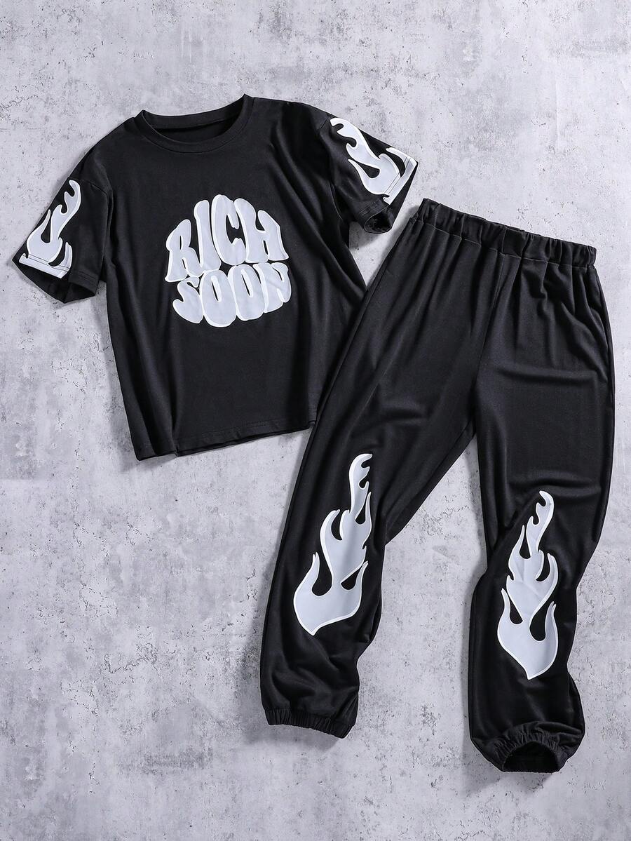 Coolqubz 2pcs/Set Tween Boys Black T-Shirt And Pants Outfit,Soft Comfortable Fabric,Summer Streetwear For City Break,Outdoor Activities Photography School - Black - View 1
